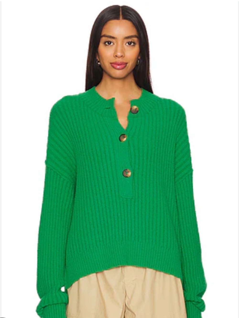 Free People Cocoa Ribbed Henley Sweater in Rolling Hills Kelly Green XL